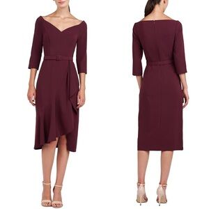 NEW Kay Unger Izzy Off the Shoulder Midi Cocktail Dress Molasses Burgundy Red